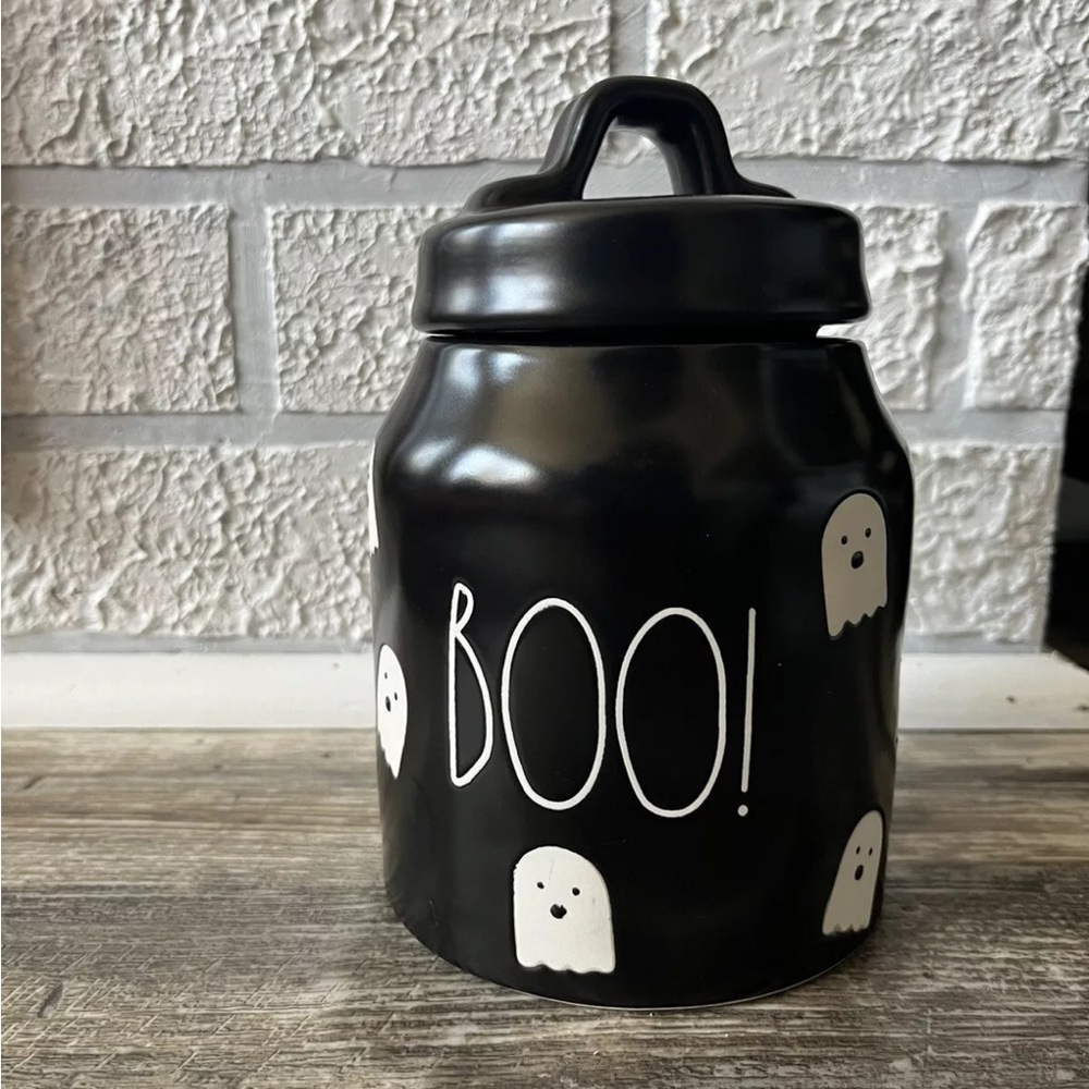 RARE HTF Rae Dunn BOO Ghosts Black Halloween Canister Recessed Lettering Ghosts